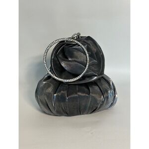 Metallic Silver Evening Bag Rhinestone Handle‎ Rose Flower Clutch Purse